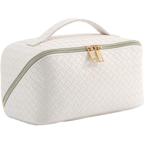 Sac de voyage de maquillage, sac de maquillage de voyage imperméable en cuir PU de grande capacité, sac de maquillage plat ouvert sac cosmétique sac de toilette, blanc