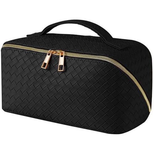 Sac de voyage de maquillage, sac de maquillage de voyage imperméable en cuir PU de grande capacité, sac de maquillage plat ouvert sac cosmétique sac de toilette, Noir