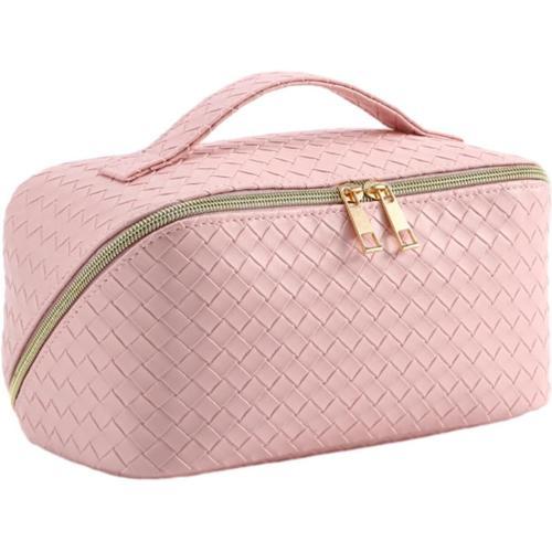 Sac de voyage de maquillage, sac de maquillage de voyage imperméable en cuir PU de grande capacité, sac de maquillage plat ouvert sac cosmétique sac de toilette, rose,