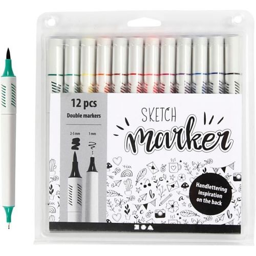 Stylo Feutre Double Pointe - 1 Mm Et 2/5 Mm - 12 Couleurs