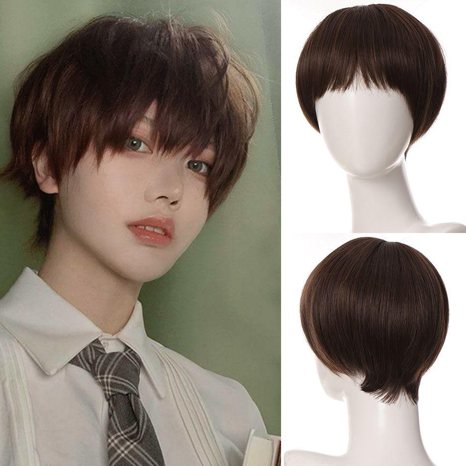 Marron Perruque Synthtique Courte Et Lisse Pour Homme Et Fe...