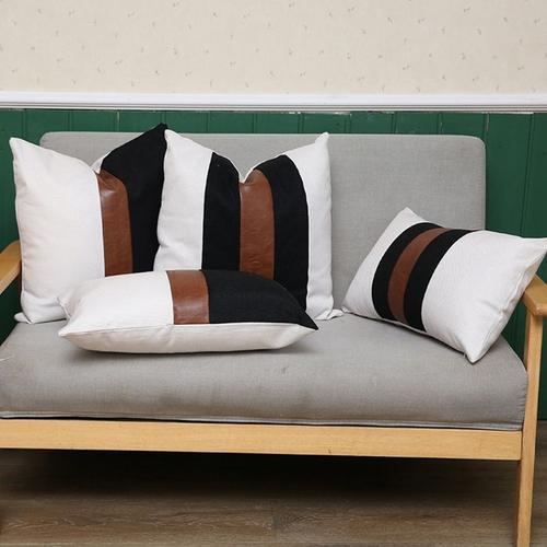 Housse De Coussin En Patchwork Avec Rayures En Cuir, Taie D'oreiller Moderne Et Luxueuse, Décorative, Pour Canapé Et Salon