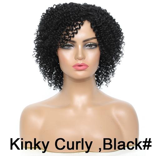 Kinky Curly Black 12 Pouces Perruque Synthétique Afro Bouclée Crépue Avec Frange Pour Femmes, Perruque De Cosplay Courte