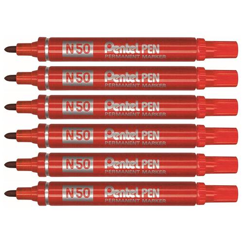 Pentel Lot De 6 Marqueurs Permanent N50 Pointe Ogive 2 Mm Rouge