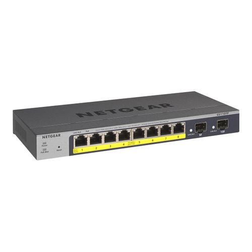 NETGEAR Smart GS110TPv3 - Commutateur - intelligent - 8 x 10/100/1000 (PoE) + 2 x SFP - de bureau, fixation murale - PoE+ (55 W) - Tension CC