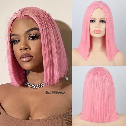 Pink 12 Pouces Perruque Synthétique Longue Et Lisse Pour Femmes, Postiche Bob , Perruque De Cosplay, Naissance Des Cheveux Naturelle