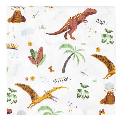 Paris Prix - Lot De 20 Serviettes En Papier "Dinosaure" 33x33cm Blanc