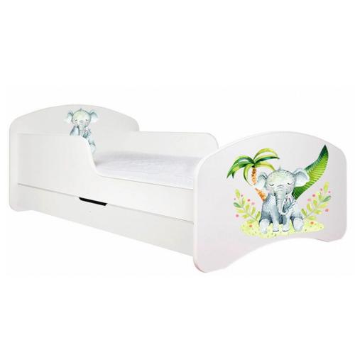 Lit Enfant 140x70 Blanc Motif Éléphant + Matelas Mousse Sarrasin Avec Tiroir