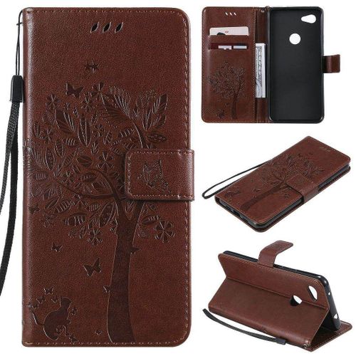 Saturcase Coque Pour Google Pixel 3a Xl, Arbre À Chat Pu Cuir Magnétique Flip Portefeuille Support Porte-Carte Protecteur Housse Étui Avec Dragonne Pour Google Pixel 3a Xl (Marron)