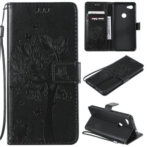 Saturcase Coque Pour Google Pixel 3a Xl, Arbre À Chat Pu Cuir Magnétique Flip Portefeuille Support Porte-Carte Protecteur Housse Étui Avec Dragonne Pour Google Pixel 3a Xl (Noir)