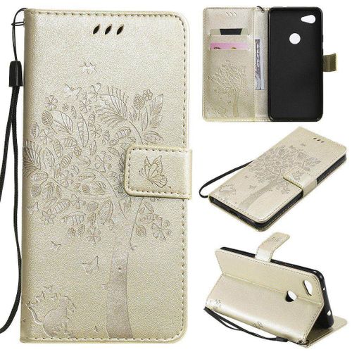 Saturcase Coque Pour Google Pixel 3a Xl, Arbre À Chat Pu Cuir Magnétique Flip Portefeuille Support Porte-Carte Protecteur Housse Étui Avec Dragonne Pour Google Pixel 3a Xl (Or)