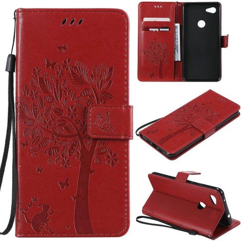 Saturcase Coque Pour Google Pixel 3a Xl, Arbre À Chat Pu Cuir Magnétique Flip Portefeuille Support Porte-Carte Protecteur Housse Étui Avec Dragonne Pour Google Pixel 3a Xl (Rouge)