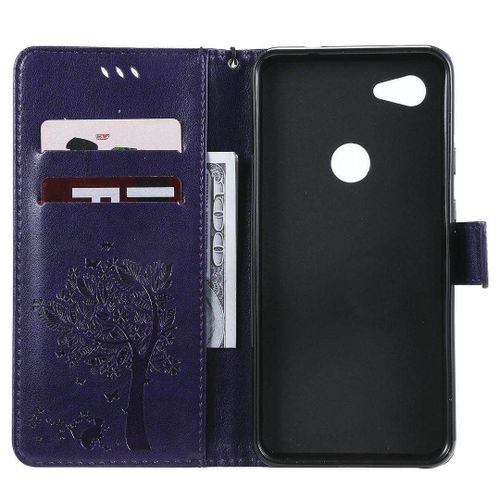 Saturcase Coque Pour Google Pixel 3a Xl, Arbre À Chat Pu Cuir Magnétique Flip Portefeuille Support Porte-Carte Protecteur Housse Étui Avec Dragonne Pour Google Pixel 3a Xl (Violet)