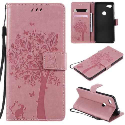 Saturcase Coque Pour Google Pixel 3a Xl, Arbre À Chat Pu Cuir Magnétique Flip Portefeuille Support Porte-Carte Protecteur Housse Étui Avec Dragonne Pour Google Pixel 3a Xl (Pink)