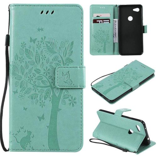 Saturcase Coque Pour Google Pixel 3a Xl, Arbre À Chat Pu Cuir Magnétique Flip Portefeuille Support Porte-Carte Protecteur Housse Étui Avec Dragonne Pour Google Pixel 3a Xl (Vert)