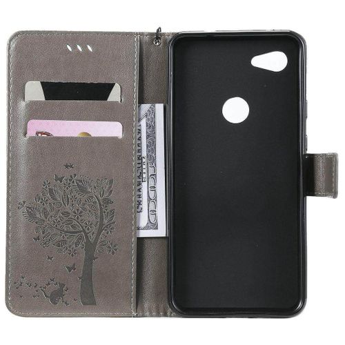 Saturcase Coque Pour Google Pixel 3a Xl, Arbre À Chat Pu Cuir Magnétique Flip Portefeuille Support Porte-Carte Protecteur Housse Étui Avec Dragonne Pour Google Pixel 3a Xl (Gris)