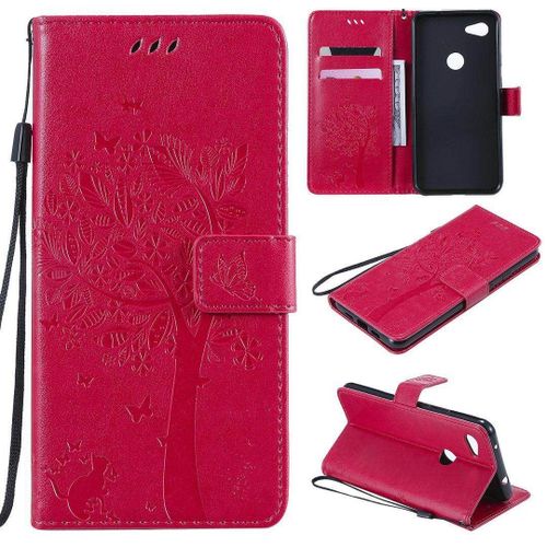 Saturcase Coque Pour Google Pixel 3a Xl, Arbre À Chat Pu Cuir Magnétique Flip Portefeuille Support Porte-Carte Protecteur Housse Étui Avec Dragonne Pour Google Pixel 3a Xl (Rose)