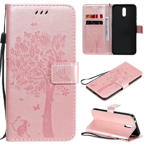 Saturcase Coque Pour Nokia 2.3, Arbre À Chat Pu Cuir Magnétique Flip Portefeuille Support Porte-Carte Protecteur Housse Étui Avec Dragonne Pour Nokia 2.3 (Or Rose)
