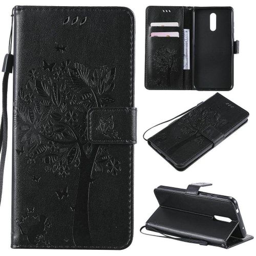 Saturcase Coque Pour Nokia 3.2, Arbre À Chat Pu Cuir Magnétique Flip Portefeuille Support Porte-Carte Protecteur Housse Étui Avec Dragonne Pour Nokia 3.2 (Noir)