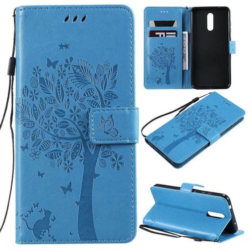 Saturcase Coque Pour Nokia 3.2, Arbre À Chat Pu Cuir Magnétique Flip Portefeuille Support Porte-Carte Protecteur Housse Étui Avec Dragonne Pour Nokia 3.2 (Bleu)