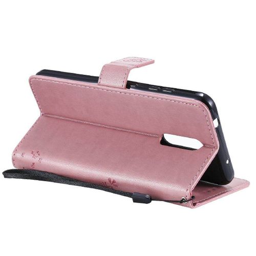 Saturcase Coque Pour Nokia 3.2, Arbre À Chat Pu Cuir Magnétique Flip Portefeuille Support Porte-Carte Protecteur Housse Étui Avec Dragonne Pour Nokia 3.2 (Pink)