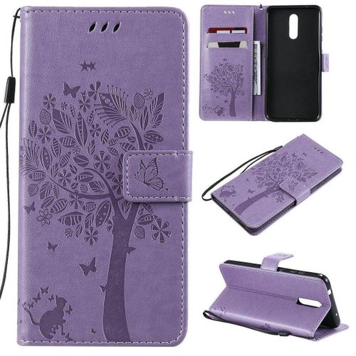 Saturcase Coque Pour Nokia 3.2, Arbre À Chat Pu Cuir Magnétique Flip Portefeuille Support Porte-Carte Protecteur Housse Étui Avec Dragonne Pour Nokia 3.2 (Lavande)
