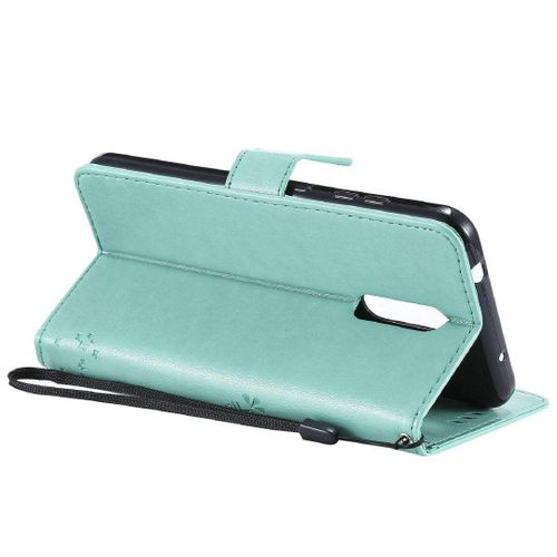 Saturcase Coque Pour Nokia 3.2, Arbre À Chat Pu Cuir Magnétique Flip Portefeuille Support Porte-Carte Protecteur Housse Étui Avec Dragonne Pour Nokia 3.2 (Vert)