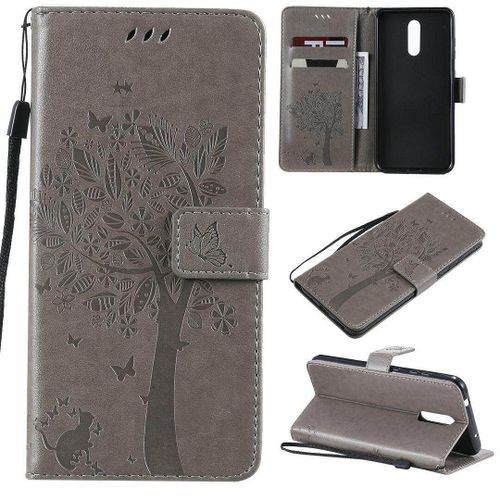 Saturcase Coque Pour Nokia 3.2, Arbre À Chat Pu Cuir Magnétique Flip Portefeuille Support Porte-Carte Protecteur Housse Étui Avec Dragonne Pour Nokia 3.2 (Gris)