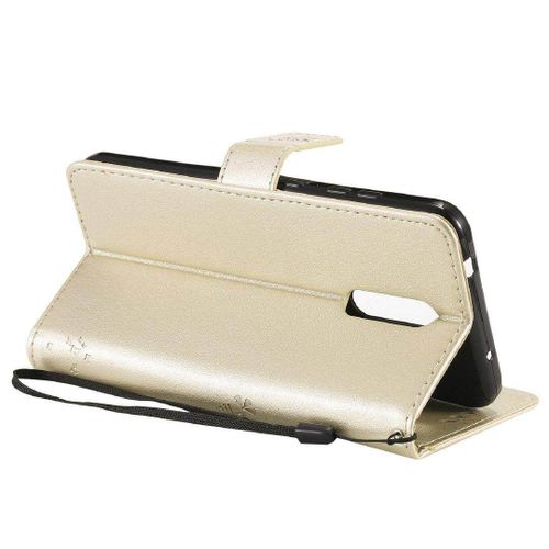 Saturcase Coque Pour Nokia 3.2, Arbre À Chat Pu Cuir Magnétique Flip Portefeuille Support Porte-Carte Protecteur Housse Étui Avec Dragonne Pour Nokia 3.2 (Or)
