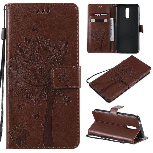 Saturcase Coque Pour Nokia 3.2, Arbre À Chat Pu Cuir Magnétique Flip Portefeuille Support Porte-Carte Protecteur Housse Étui Avec Dragonne Pour Nokia 3.2 (Marron)