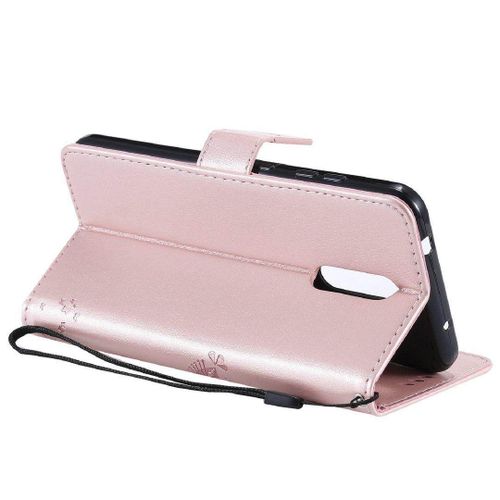 Saturcase Coque Pour Nokia 3.2, Arbre À Chat Pu Cuir Magnétique Flip Portefeuille Support Porte-Carte Protecteur Housse Étui Avec Dragonne Pour Nokia 3.2 (Or Rose)