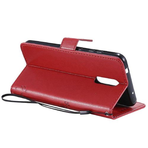 Saturcase Coque Pour Nokia 3.2, Arbre À Chat Pu Cuir Magnétique Flip Portefeuille Support Porte-Carte Protecteur Housse Étui Avec Dragonne Pour Nokia 3.2 (Rouge)