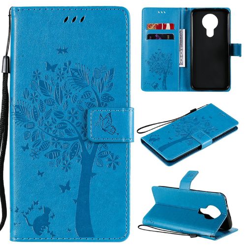 Saturcase Coque Pour Nokia 3.4, Arbre À Chat Pu Cuir Magnétique Flip Portefeuille Support Porte-Carte Protecteur Housse Étui Avec Dragonne Pour Nokia 3.4 (Bleu)