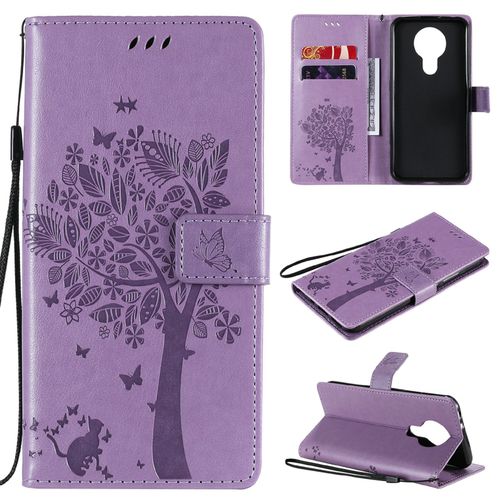 Saturcase Coque Pour Nokia 3.4, Arbre À Chat Pu Cuir Magnétique Flip Portefeuille Support Porte-Carte Protecteur Housse Étui Avec Dragonne Pour Nokia 3.4 (Lavande)