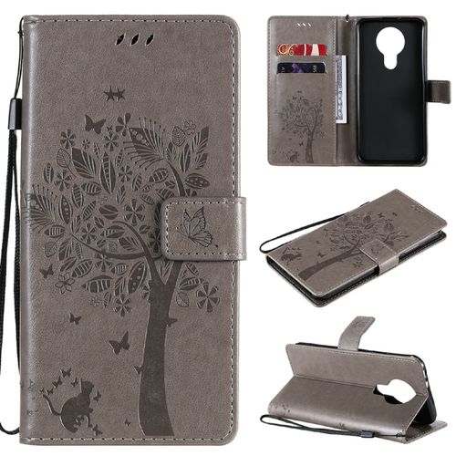 Saturcase Coque Pour Nokia 3.4, Arbre À Chat Pu Cuir Magnétique Flip Portefeuille Support Porte-Carte Protecteur Housse Étui Avec Dragonne Pour Nokia 3.4 (Gris)