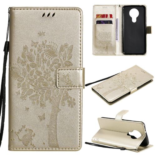 Saturcase Coque Pour Nokia 3.4, Arbre À Chat Pu Cuir Magnétique Flip Portefeuille Support Porte-Carte Protecteur Housse Étui Avec Dragonne Pour Nokia 3.4 (Or)
