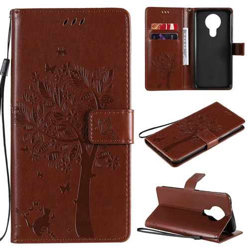 Saturcase Coque Pour Nokia 3.4, Arbre À Chat Pu Cuir Magnétique Flip Portefeuille Support Porte-Carte Protecteur Housse Étui Avec Dragonne Pour Nokia 3.4 (Marron)