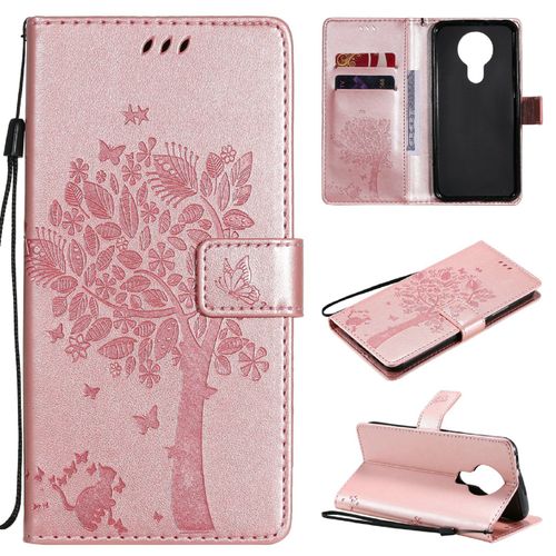 Saturcase Coque Pour Nokia 3.4, Arbre À Chat Pu Cuir Magnétique Flip Portefeuille Support Porte-Carte Protecteur Housse Étui Avec Dragonne Pour Nokia 3.4 (Or Rose)