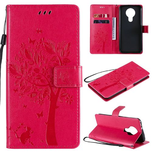 Saturcase Coque Pour Nokia 3.4, Arbre À Chat Pu Cuir Magnétique Flip Portefeuille Support Porte-Carte Protecteur Housse Étui Avec Dragonne Pour Nokia 3.4 (Rose)