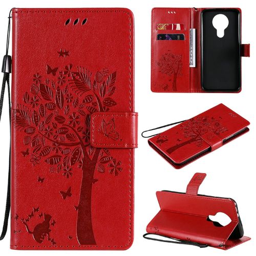 Saturcase Coque Pour Nokia 3.4, Arbre À Chat Pu Cuir Magnétique Flip Portefeuille Support Porte-Carte Protecteur Housse Étui Avec Dragonne Pour Nokia 3.4 (Rouge)