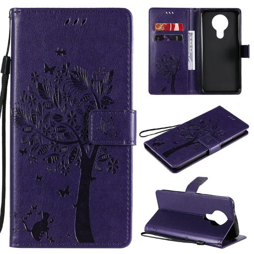 Saturcase Coque Pour Nokia 3.4, Arbre À Chat Pu Cuir Magnétique Flip Portefeuille Support Porte-Carte Protecteur Housse Étui Avec Dragonne Pour Nokia 3.4 (Violet)