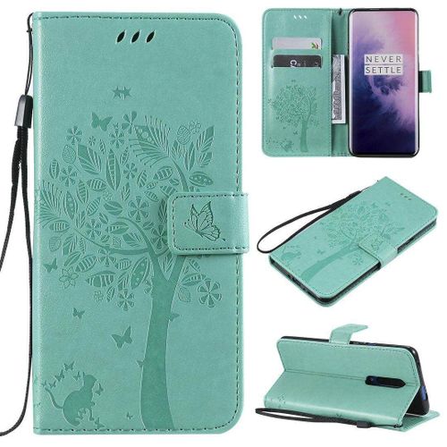 Saturcase Coque Pour Oneplus 7 Pro, Arbre À Chat Pu Cuir Magnétique Flip Portefeuille Support Porte-Carte Protecteur Housse Étui Avec Dragonne Pour Oneplus 7 Pro (Vert)