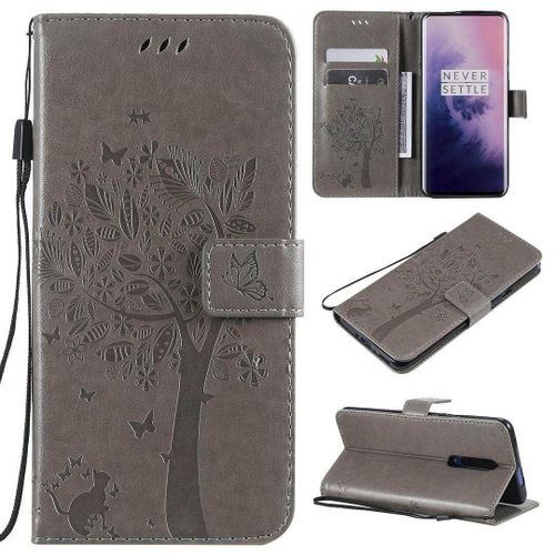 Saturcase Coque Pour Oneplus 7 Pro, Arbre À Chat Pu Cuir Magnétique Flip Portefeuille Support Porte-Carte Protecteur Housse Étui Avec Dragonne Pour Oneplus 7 Pro (Gris)