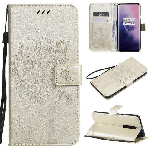 Saturcase Coque Pour Oneplus 7 Pro, Arbre À Chat Pu Cuir Magnétique Flip Portefeuille Support Porte-Carte Protecteur Housse Étui Avec Dragonne Pour Oneplus 7 Pro (Or)