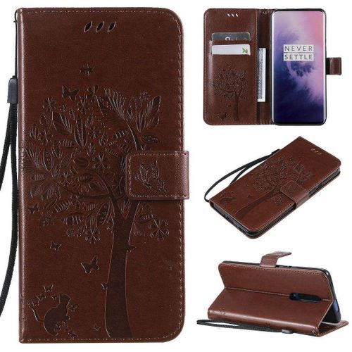 Saturcase Coque Pour Oneplus 7 Pro, Arbre À Chat Pu Cuir Magnétique Flip Portefeuille Support Porte-Carte Protecteur Housse Étui Avec Dragonne Pour Oneplus 7 Pro (Marron)