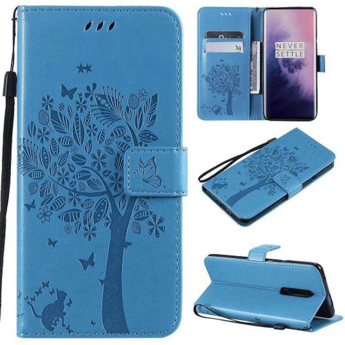 Saturcase Coque Pour Oneplus 7 Pro, Arbre À Chat Pu Cuir Magnétique Flip Portefeuille Support Porte-Carte Protecteur Housse Étui Avec Dragonne Pour Oneplus 7 Pro (Bleu)