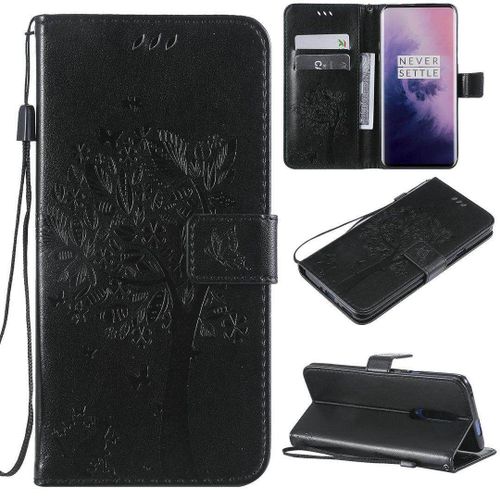 Saturcase Coque Pour Oneplus 7 Pro, Arbre À Chat Pu Cuir Magnétique Flip Portefeuille Support Porte-Carte Protecteur Housse Étui Avec Dragonne Pour Oneplus 7 Pro (Noir)