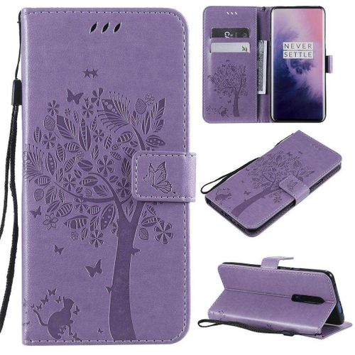 Saturcase Coque Pour Oneplus 7 Pro, Arbre À Chat Pu Cuir Magnétique Flip Portefeuille Support Porte-Carte Protecteur Housse Étui Avec Dragonne Pour Oneplus 7 Pro (Lavande)