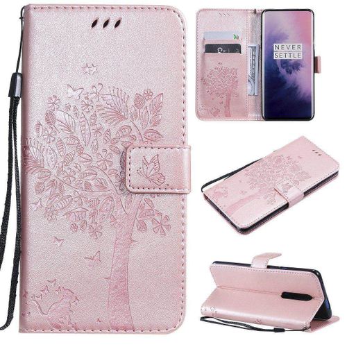 Saturcase Coque Pour Oneplus 7 Pro, Arbre À Chat Pu Cuir Magnétique Flip Portefeuille Support Porte-Carte Protecteur Housse Étui Avec Dragonne Pour Oneplus 7 Pro (Or Rose)