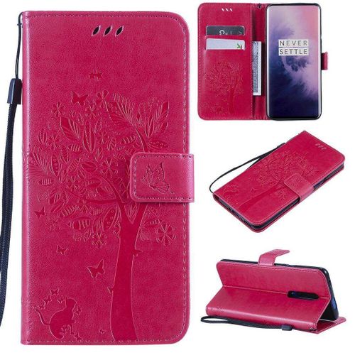 Saturcase Coque Pour Oneplus 7 Pro, Arbre À Chat Pu Cuir Magnétique Flip Portefeuille Support Porte-Carte Protecteur Housse Étui Avec Dragonne Pour Oneplus 7 Pro (Rose)